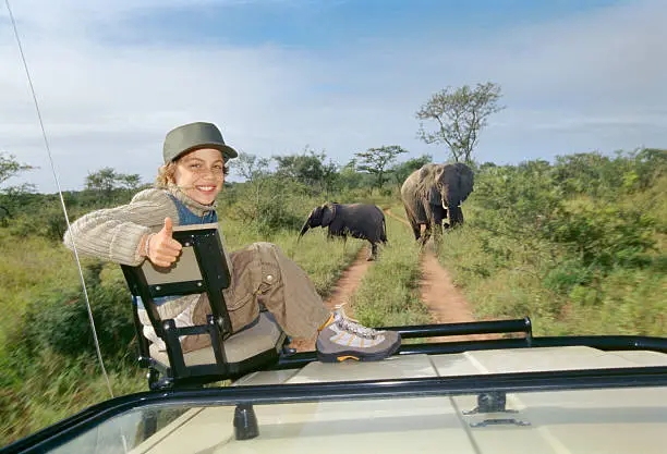 garcon nous regardant animaux en arriere plan